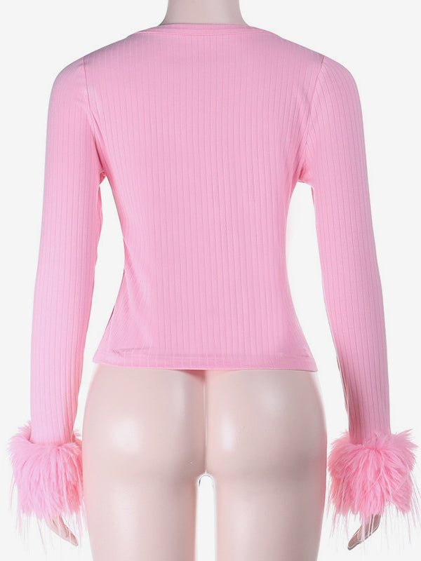 Pink Fur Cuff Women's Crop Cardigan - Y2K Ribbed Long Sleeve V-Neck Top - Sexy Clubwear Night Out Party Shrug 2026