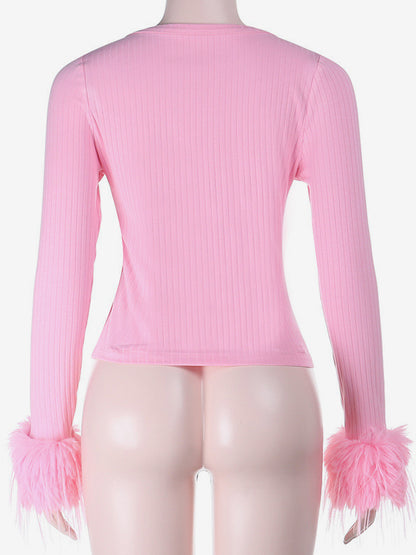 Pink Fur Cuff Women's Crop Cardigan - Y2K Ribbed Long Sleeve V-Neck Top - Sexy Clubwear Night Out Party Shrug 2026