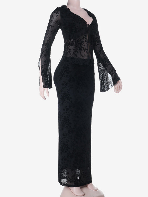 Black Flock Floral Women's 2 Piece Set - Tie Front Flare Sleeve Top & Maxi Skirt - Gothic Sheer Mesh Aesthetic Party Wear 2026