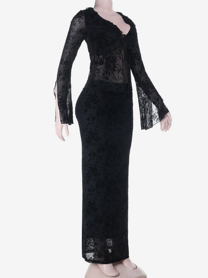 Black Flock Floral Women's 2 Piece Set - Tie Front Flare Sleeve Top & Maxi Skirt - Gothic Sheer Mesh Aesthetic Party Wear 2026