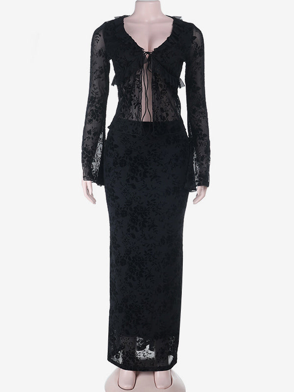 Black Flock Floral Women's 2 Piece Set - Tie Front Flare Sleeve Top & Maxi Skirt - Gothic Sheer Mesh Aesthetic Party Wear 2026