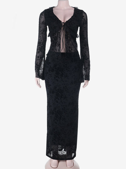 Black Flock Floral Women's 2 Piece Set - Tie Front Flare Sleeve Top & Maxi Skirt - Gothic Sheer Mesh Aesthetic Party Wear 2026