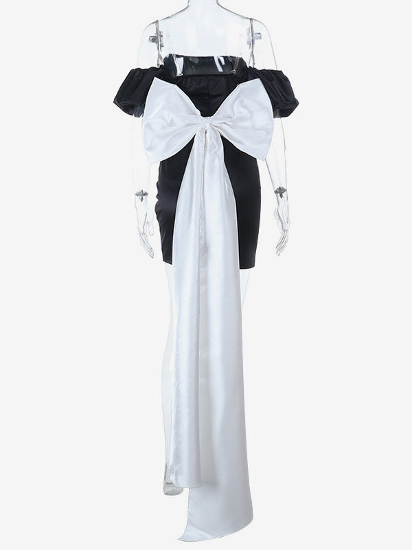 Black Bodycon Women's Mini Dress - Off Shoulder White Bow Back With Train - Sexy Strapless Summer Birthday Party Gown 2026