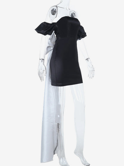 Black Bodycon Women's Mini Dress - Off Shoulder White Bow Back With Train - Sexy Strapless Summer Birthday Party Gown 2026
