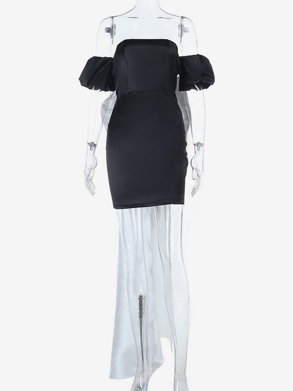 Black Bodycon Women's Mini Dress - Off Shoulder White Bow Back With Train - Sexy Strapless Summer Birthday Party Gown 2026