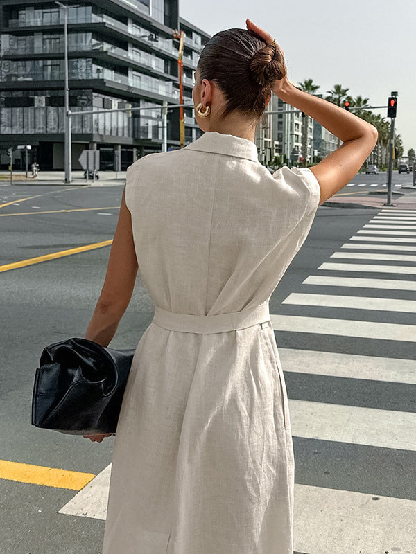 Oatmeal Linen Cotton Blend Women's Shirt Dress - Sleeveless Notched Lapel Long Dress With Pocket - Elegant Belted Summer Office Wear 2026