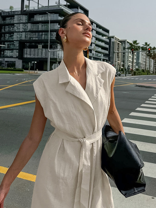 Oatmeal Linen Cotton Blend Women's Shirt Dress - Sleeveless Notched Lapel Long Dress With Pocket - Elegant Belted Summer Office Wear 2026