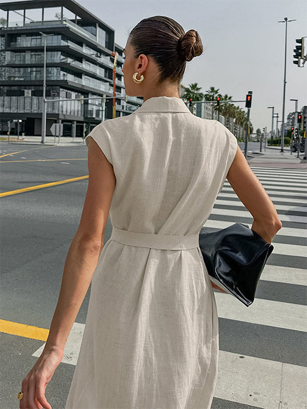 Oatmeal Linen Cotton Blend Women's Shirt Dress - Sleeveless Notched Lapel Long Dress With Pocket - Elegant Belted Summer Office Wear 2026