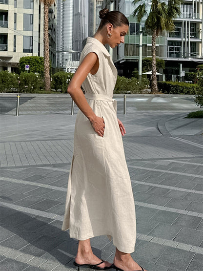 Oatmeal Linen Cotton Blend Women's Shirt Dress - Sleeveless Notched Lapel Long Dress With Pocket - Elegant Belted Summer Office Wear 2026