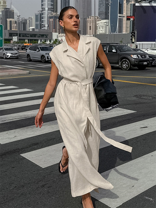 Oatmeal Linen Cotton Blend Women's Shirt Dress - Sleeveless Notched Lapel Long Dress With Pocket - Elegant Belted Summer Office Wear 2026