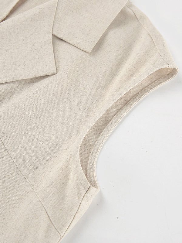 Oatmeal Linen Cotton Blend Women's Shirt Dress - Sleeveless Notched Lapel Long Dress With Pocket - Elegant Belted Summer Office Wear 2026