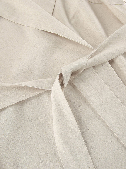 Oatmeal Linen Cotton Blend Women's Shirt Dress - Sleeveless Notched Lapel Long Dress With Pocket - Elegant Belted Summer Office Wear 2026