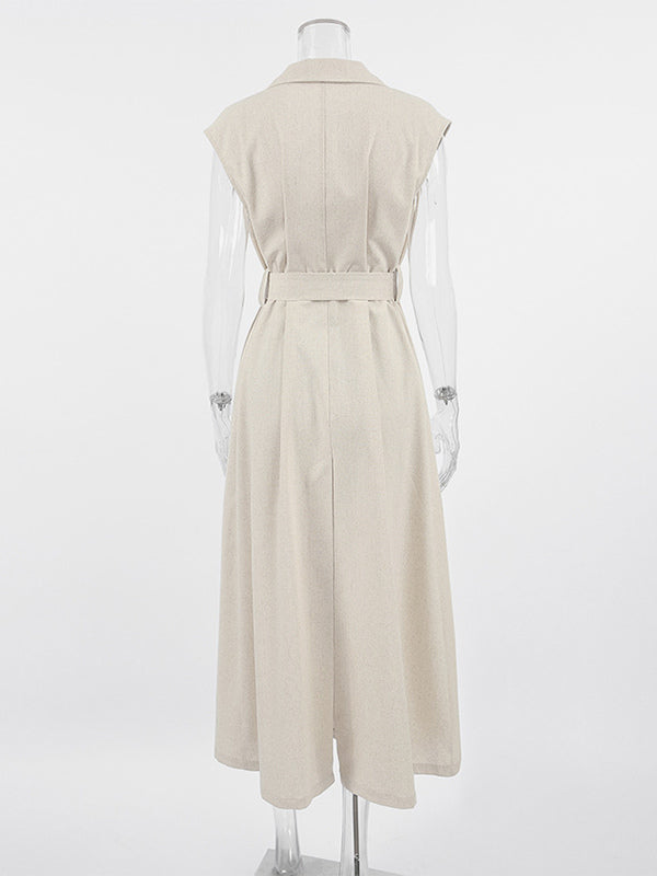Oatmeal Linen Cotton Blend Women's Shirt Dress - Sleeveless Notched Lapel Long Dress With Pocket - Elegant Belted Summer Office Wear 2026