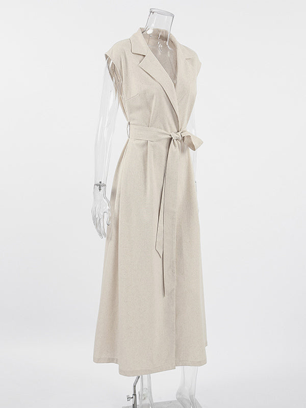 Oatmeal Linen Cotton Blend Women's Shirt Dress - Sleeveless Notched Lapel Long Dress With Pocket - Elegant Belted Summer Office Wear 2026