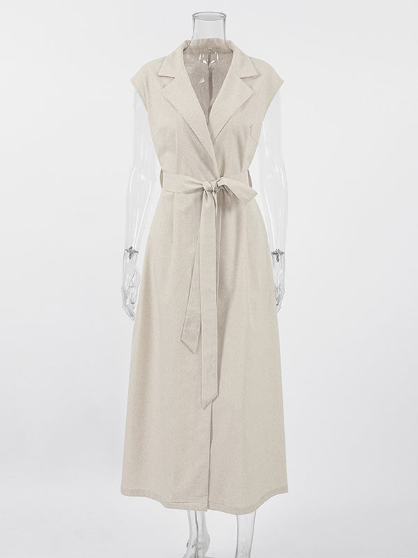 Oatmeal Linen Cotton Blend Women's Shirt Dress - Sleeveless Notched Lapel Long Dress With Pocket - Elegant Belted Summer Office Wear 2026