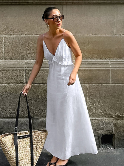 White 100% Cotton Women's Maxi Dress - Spaghetti Strap Ruched Bust Sundress - Sexy V-neck Ruffle Trim Beach Vacation Long Dress 2026