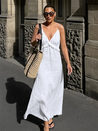 White 100% Cotton Women's Maxi Dress - Spaghetti Strap Ruched Bust Sundress - Sexy V-neck Ruffle Trim Beach Vacation Long Dress 2026