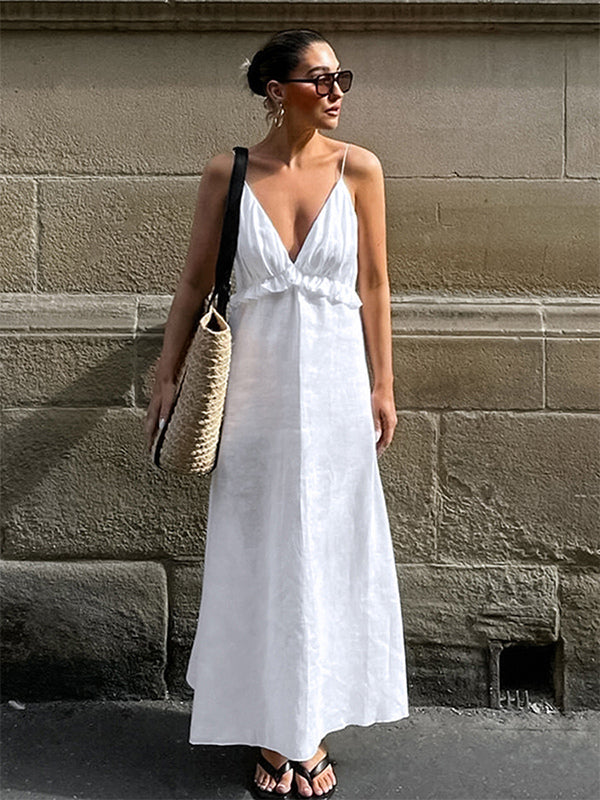 White 100% Cotton Women's Maxi Dress - Spaghetti Strap Ruched Bust Sundress - Sexy V-neck Ruffle Trim Beach Vacation Long Dress 2026