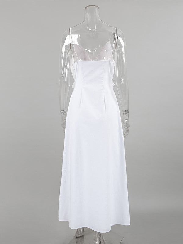 White 100% Cotton Women's Maxi Dress - Spaghetti Strap Ruched Bust Sundress - Sexy V-neck Ruffle Trim Beach Vacation Long Dress 2026