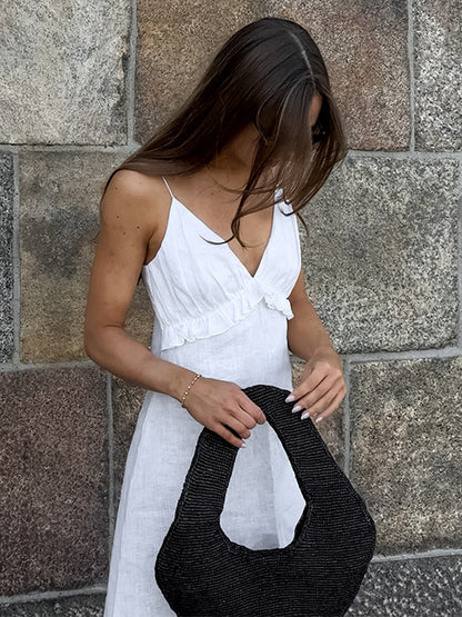 White 100% Cotton Women's Maxi Dress - Spaghetti Strap Ruched Bust Sundress - Sexy V-neck Ruffle Trim Beach Vacation Long Dress 2026