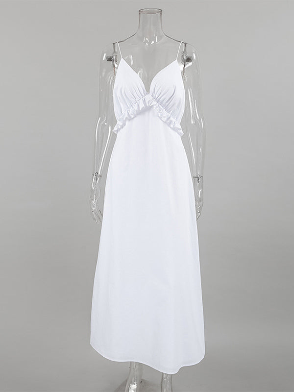 White 100% Cotton Women's Maxi Dress - Spaghetti Strap Ruched Bust Sundress - Sexy V-neck Ruffle Trim Beach Vacation Long Dress 2026