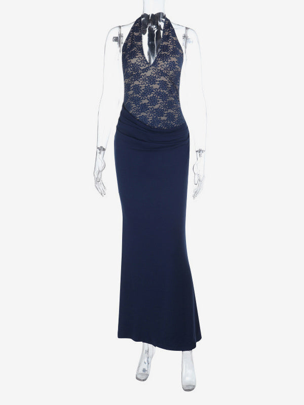 Navy Blue Halter Women's Maxi Dress - Asymmetric Lace Patchwork Backless Gown - Sexy Bodycon Summer Birthday Party Wear 2026