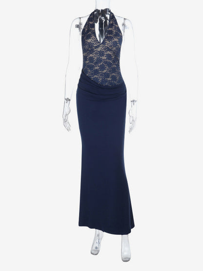 Navy Blue Halter Women's Maxi Dress - Asymmetric Lace Patchwork Backless Gown - Sexy Bodycon Summer Birthday Party Wear 2026
