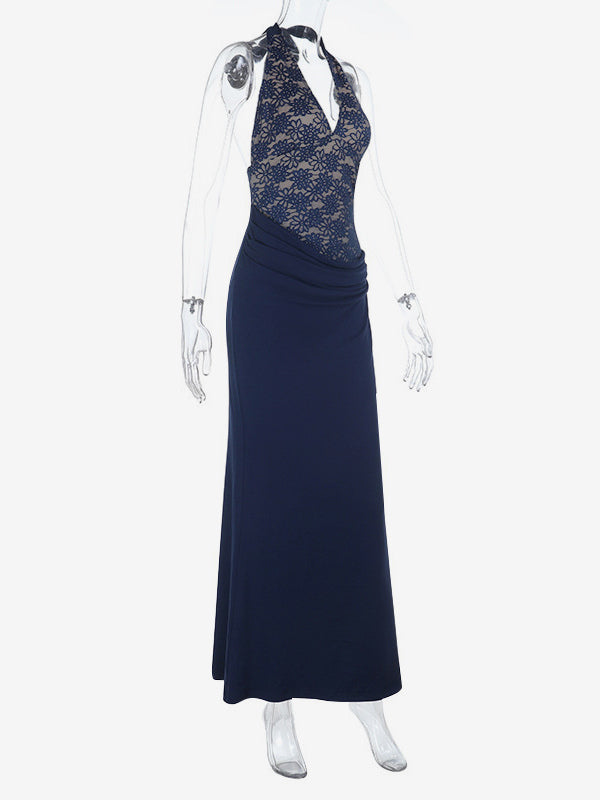 Navy Blue Halter Women's Maxi Dress - Asymmetric Lace Patchwork Backless Gown - Sexy Bodycon Summer Birthday Party Wear 2026