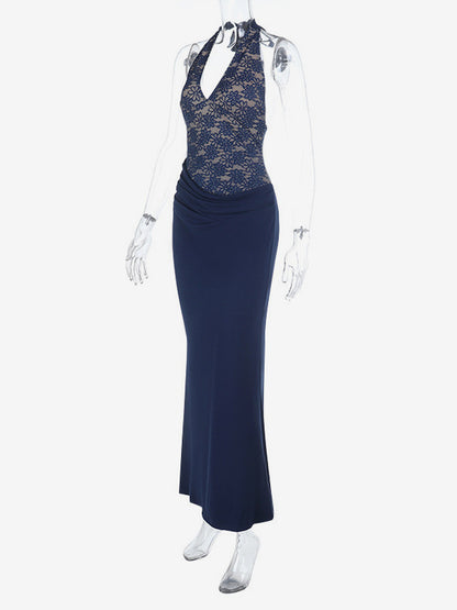 Navy Blue Halter Women's Maxi Dress - Asymmetric Lace Patchwork Backless Gown - Sexy Bodycon Summer Birthday Party Wear 2026