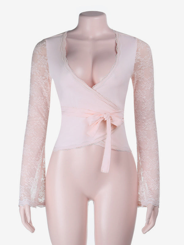 Baby Pink Wrap Front Women's Top - Sheer Lace Sleeve Date Night Blouse - Sexy Plunge Neck Balletcore Aesthetic Romantic Spring Top 2026
