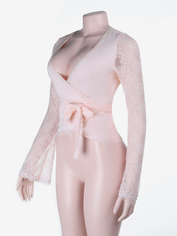 Baby Pink Wrap Front Women's Top - Sheer Lace Sleeve Date Night Blouse - Sexy Plunge Neck Balletcore Aesthetic Romantic Spring Top 2026