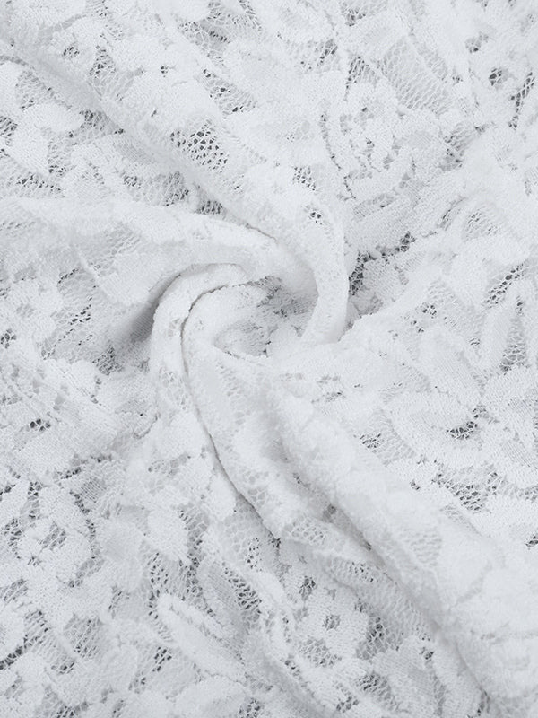 White Floral Lace Sheer Women's Crop Top - Scalloped Square Neck Long Sleeve Blouse - Coquette Aesthetic French Romantic Going Out Top 2026