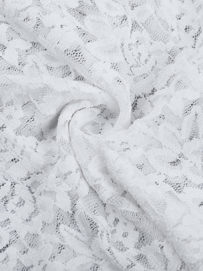 White Floral Lace Sheer Women's Crop Top - Scalloped Square Neck Long Sleeve Blouse - Coquette Aesthetic French Romantic Going Out Top 2026
