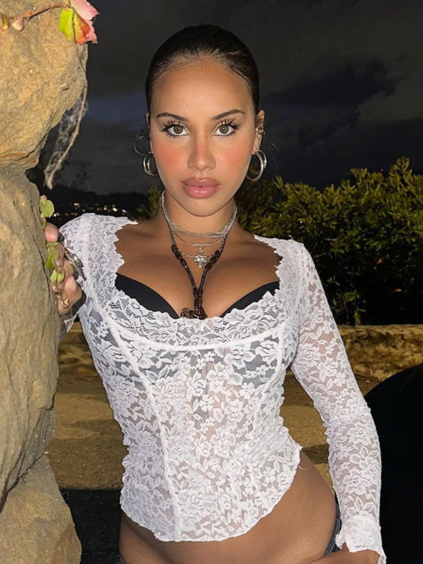 White Floral Lace Sheer Women's Crop Top - Scalloped Square Neck Long Sleeve Blouse - Coquette Aesthetic French Romantic Going Out Top 2026