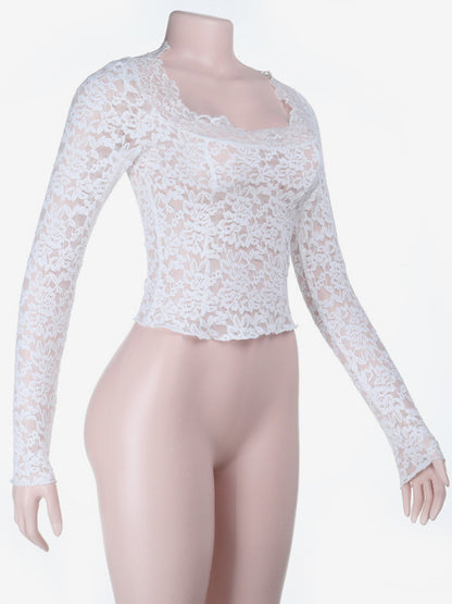 White Floral Lace Sheer Women's Crop Top - Scalloped Square Neck Long Sleeve Blouse - Coquette Aesthetic French Romantic Going Out Top 2026