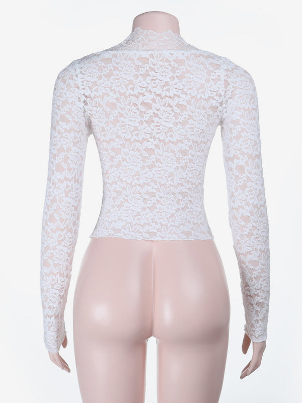 White Floral Lace Sheer Women's Crop Top - Scalloped Square Neck Long Sleeve Blouse - Coquette Aesthetic French Romantic Going Out Top 2026