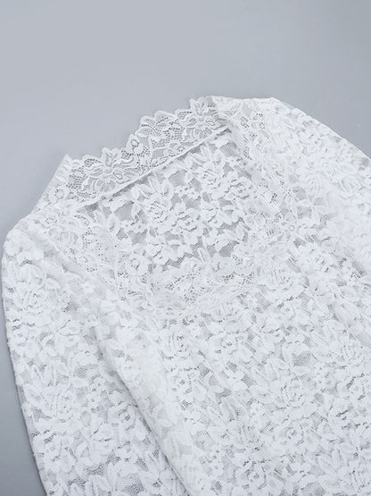 White Floral Lace Sheer Women's Crop Top - Scalloped Square Neck Long Sleeve Blouse - Coquette Aesthetic French Romantic Going Out Top 2026