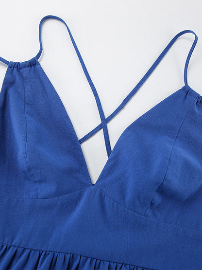 Royal Blue 100% Cotton Women's Maxi Dress - Criss Cross Backless Strappy Sundress - V-neck Summer Beach Vacation Dress 2026