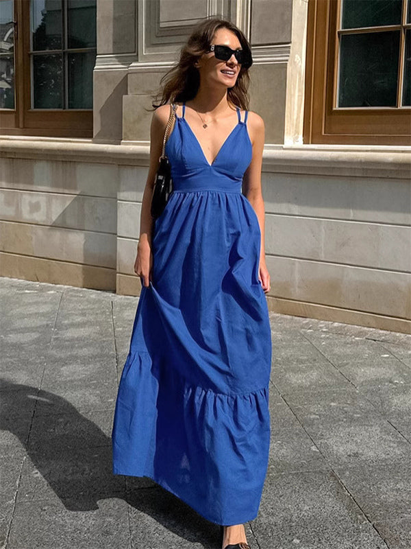 Royal Blue 100% Cotton Women's Maxi Dress - Criss Cross Backless Strappy Sundress - V-neck Summer Beach Vacation Dress 2026