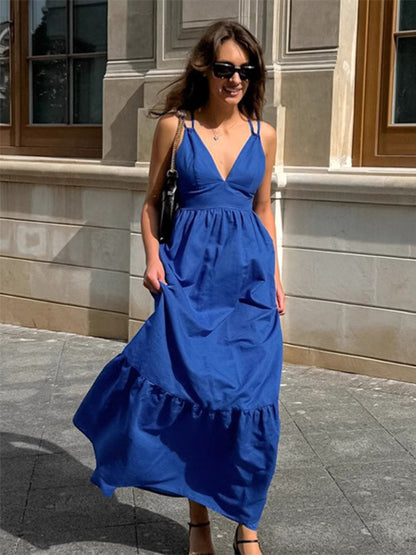 Royal Blue 100% Cotton Women's Maxi Dress - Criss Cross Backless Strappy Sundress - V-neck Summer Beach Vacation Dress 2026