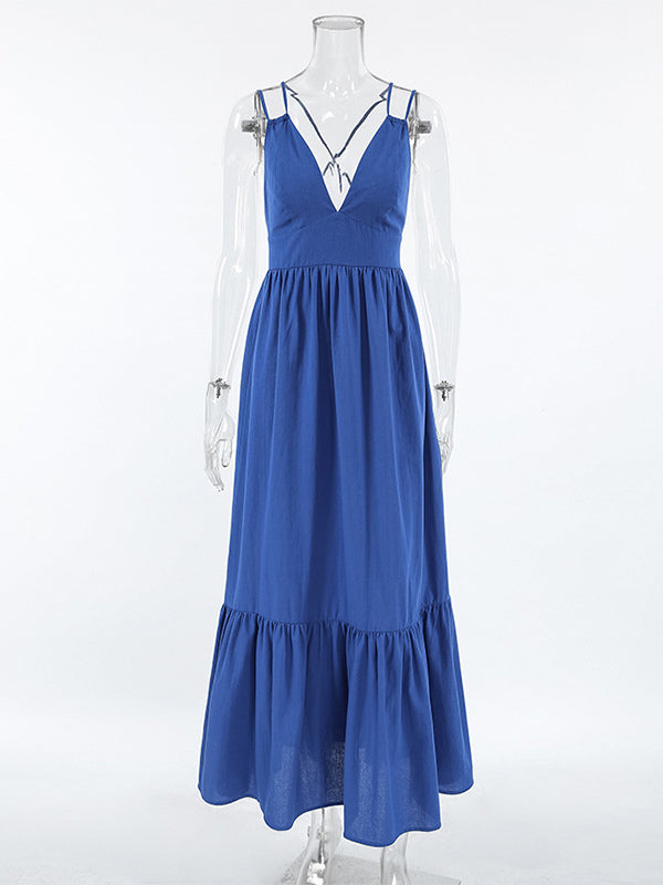 Royal Blue 100% Cotton Women's Maxi Dress - Criss Cross Backless Strappy Sundress - V-neck Summer Beach Vacation Dress 2026