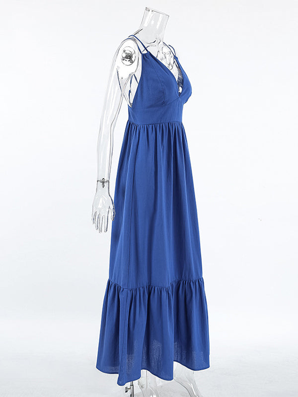 Royal Blue 100% Cotton Women's Maxi Dress - Criss Cross Backless Strappy Sundress - V-neck Summer Beach Vacation Dress 2026