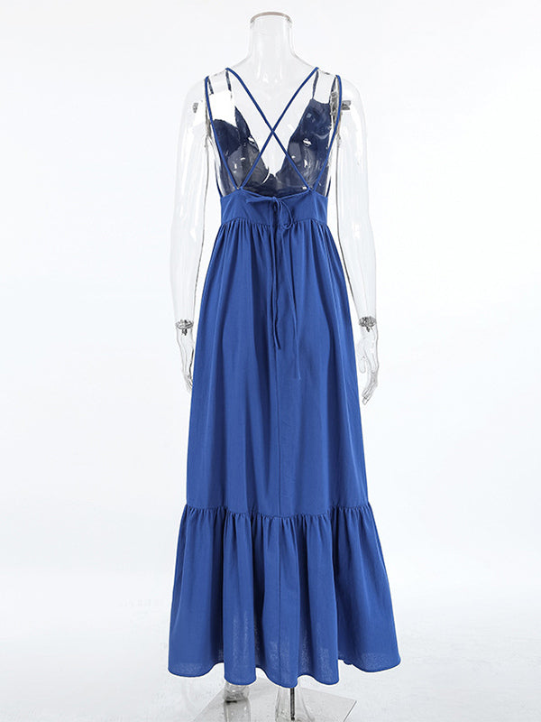 Royal Blue 100% Cotton Women's Maxi Dress - Criss Cross Backless Strappy Sundress - V-neck Summer Beach Vacation Dress 2026