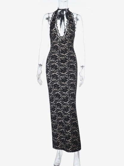 Black Lace Overlay Women's Maxi Dress - Halter Backless Nude Lining Gown - Sexy Bodycon Night Out Party Dress 2026