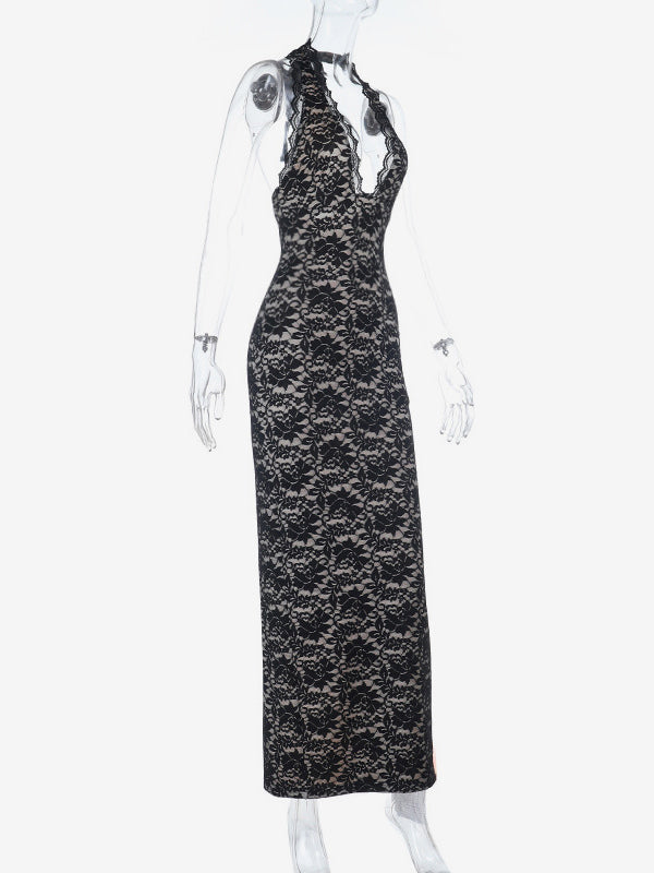 Black Lace Overlay Women's Maxi Dress - Halter Backless Nude Lining Gown - Sexy Bodycon Night Out Party Dress 2026