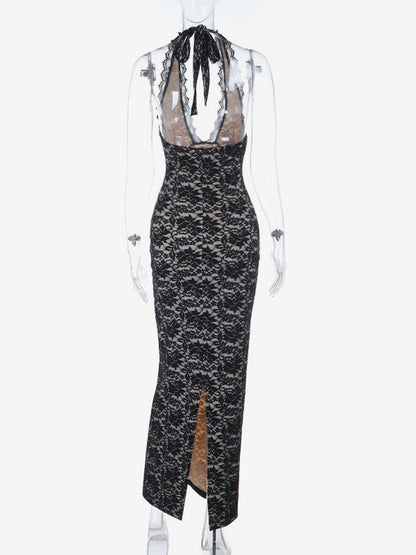 Black Lace Overlay Women's Maxi Dress - Halter Backless Nude Lining Gown - Sexy Bodycon Night Out Party Dress 2026