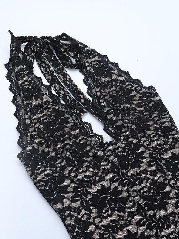 Black Lace Overlay Women's Maxi Dress - Halter Backless Nude Lining Gown - Sexy Bodycon Night Out Party Dress 2026