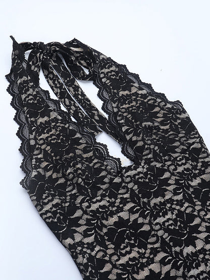 Black Lace Overlay Women's Maxi Dress - Halter Backless Nude Lining Gown - Sexy Bodycon Night Out Party Dress 2026