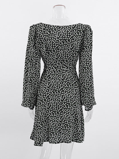 Vintage Ditsy Floral Women's Tea Dress - Puff Sleeve Belted Mini Dress - Pointed Collar Romantic Date Night Outfits 2026