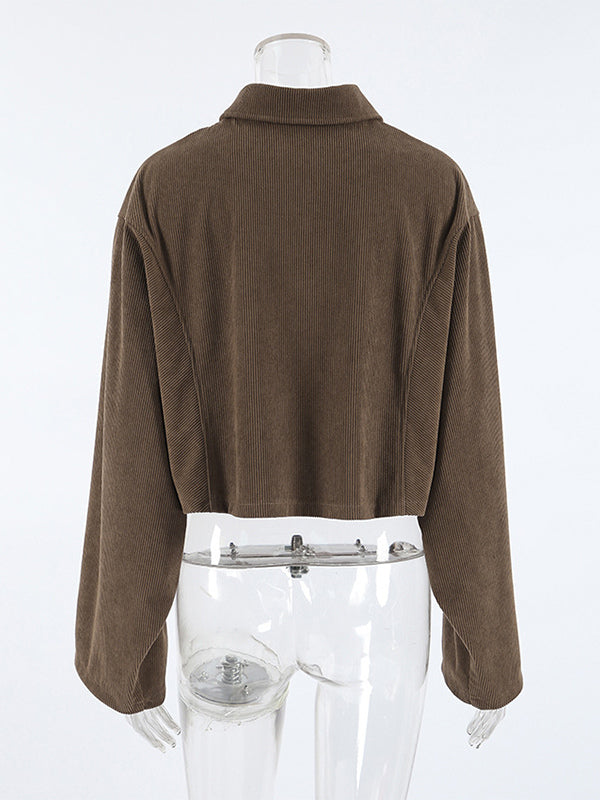 Brown Corduroy Women's Cropped Jacket - Oversized Utility Top - Maillard Style Streetwear Casual Daily Outfits 2026